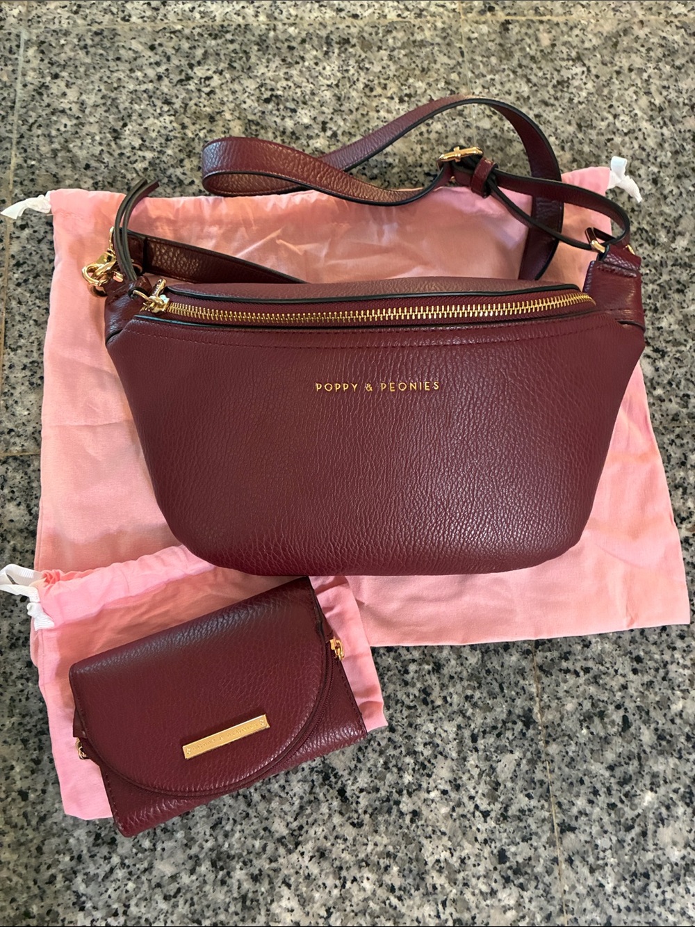 Poppy & Peonies Wine Red Pebbled Leather Crossbody with Matching Wallet
